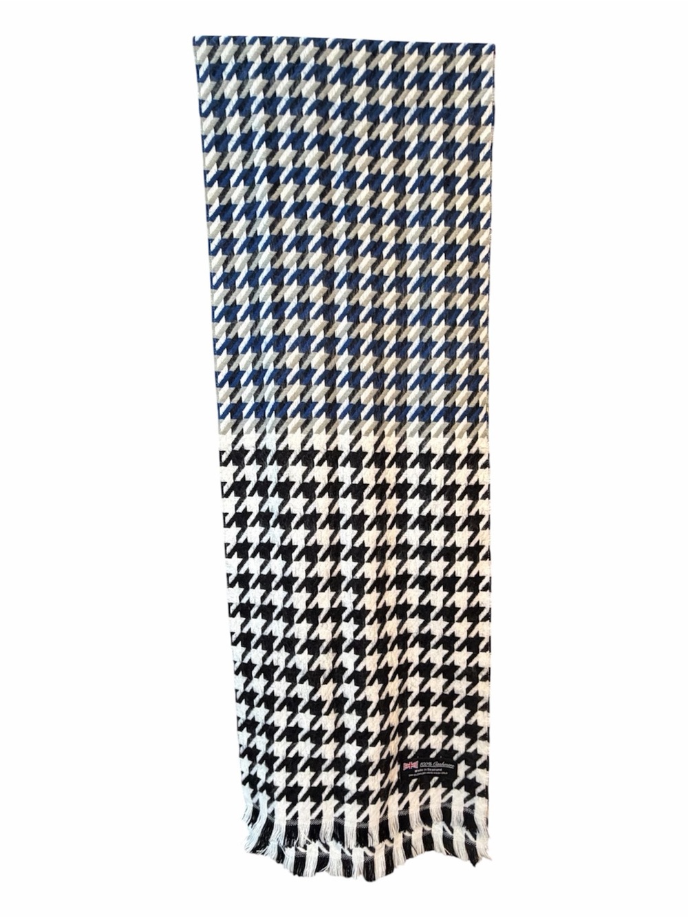 Made in Scotland 100% Cashmere Houndstooth Scarf Black White Blue 70”x12” Fringe - Picture 2 of 7